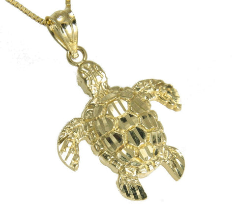 14K SOLID YELLOW GOLD SPARKLY DIAMOND CUT HAWAIIAN SEA TURTLE HONU PENDANT LARGE