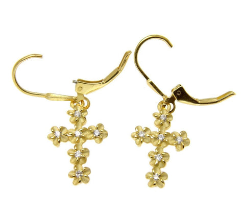 YELLOW GOLD SILVER 925 HAWAIIAN PLUMERIA FLOWER CROSS LEVERBACK EARRINGS