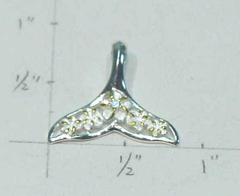 925 STERLING SILVER 2 TONE YELLOW HAWAIIAN PLUMERIA FLOWER WHALE TAIL PENDANT