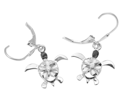 STERLING SILVER 925 RHODIUM HAWAIIAN PLUMERIA HONU TURTLE LEVERBACK EARRINGS CZ