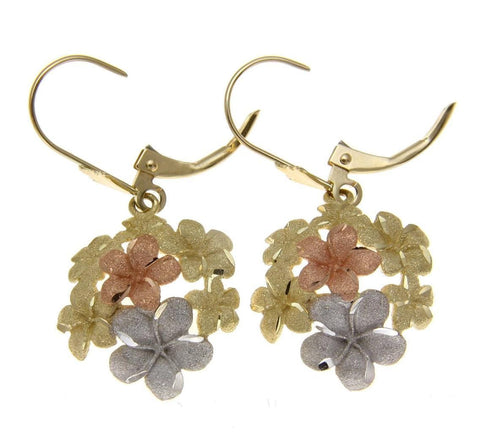 SOLID 14K YELLOW ROSE WHITE TRICOLOR GOLD HAWAIIAN PLUMERIA LEVERBACK EARRINGS