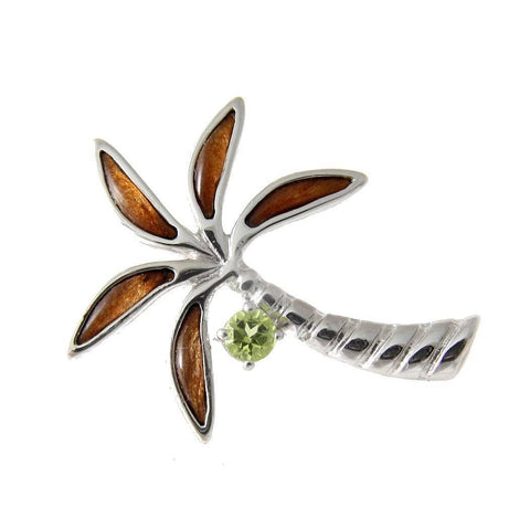 GENUINE PERIDOT INLAY HAWAIIAN KOA WOOD PALM TREE SLIDE PENDANT SILVER 925 20MM