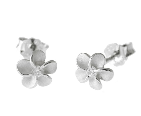 STERLING SILVER 925 HAWAIIAN PLUMERIA FLOWER STUD POST EARRINGS RHODIUM CZ 6MM