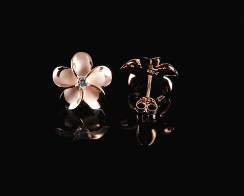 PINK ROSE GOLD STERLING SILVER 925 HAWAIIAN PLUMERIA FLOWER STUD EARRING CZ 15MM