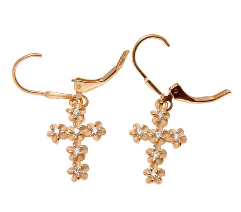 ROSE GOLD STERLING SILVER 925 HAWAIIAN PLUMERIA FLOWER CROSS LEVERBACK EARRINGS