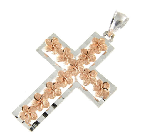 SOLID 14K ROSE GOLD HAWAIIAN PLUMERIA FLOWER WHITE GOLD CROSS PENDANT 21MM