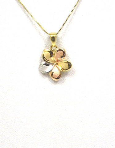 13MM SOLID 14K TRICOLOR GOLD HAWAIIAN FANCY PLUMERIA FLOWER PENDANT