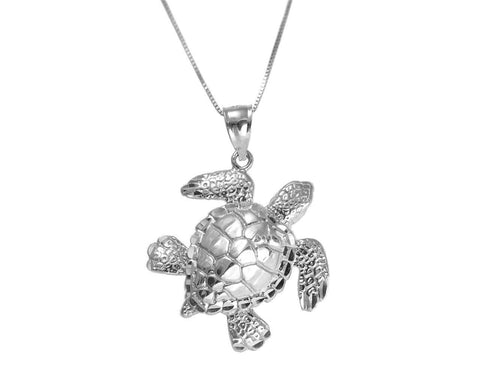 14K WHITE GOLD HAWAIIAN SEA OCEAN TURTLE HONU PENDANT EXTRA SHINY LARGE