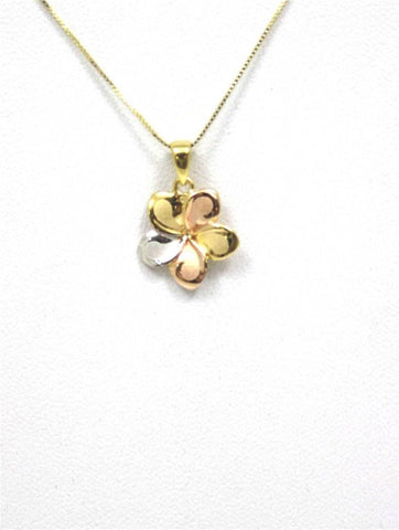 13MM SOLID 14K TRICOLOR GOLD HAWAIIAN FANCY PLUMERIA FLOWER PENDANT