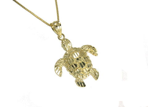 14K SOLID YELLOW GOLD SPARKLY DIAMOND CUT HAWAIIAN SEA TURTLE HONU PENDANT LARGE