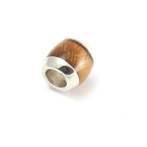 GENUINE INLAY HAWAIIAN KOA WOOD BARREL BEAD SLIDE CHARM PENDANT 925 SILVER 9.3MM