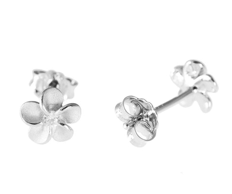 STERLING SILVER 925 HAWAIIAN PLUMERIA FLOWER STUD POST EARRINGS RHODIUM CZ 6MM