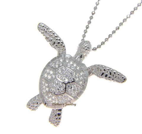 SOLID 925 STERLING SILVER HAWAIIAN SWIMMING SEA TURTLE SLIDE PENDANT CZ RHODIUM