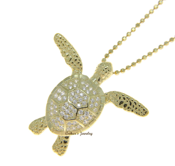 YELLOW GOLD SOLID 925 SILVER HAWAIIAN SWIMMING SEA TURTLE SLIDE PENDAN ...