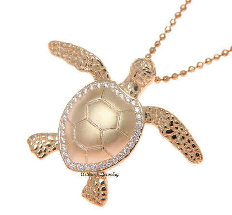 ROSE GOLD SOLID 925 SILVER HAWAIIAN SWIMMING SEA TURTLE SLIDE PENDANT CZ