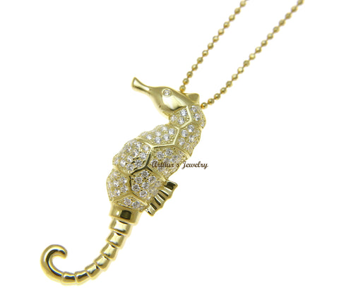 YELLOW GOLD PLATED 925 STERLING SILVER HAWAIIAN SEAHORSE PENDANT BLING CZ 15MM