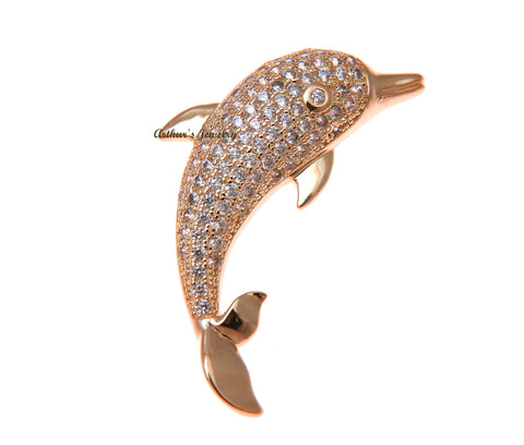 ROSE GOLD PLATED 925 STERLING SILVER HAWAIIAN DOLPHIN PENDANT CZ 36MM