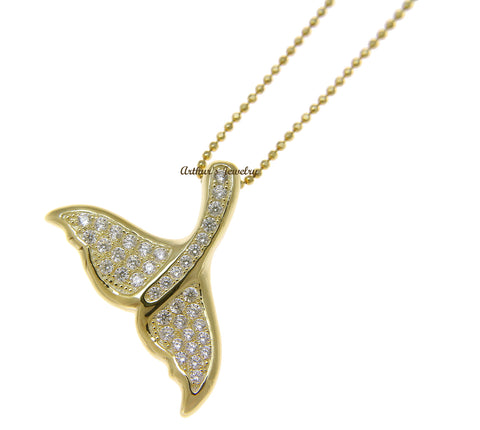 YELLOW GOLD PLATED 925 SILVER HAWAIIAN WHALE TAIL SLIDE PENDANT CZ 28.30MM