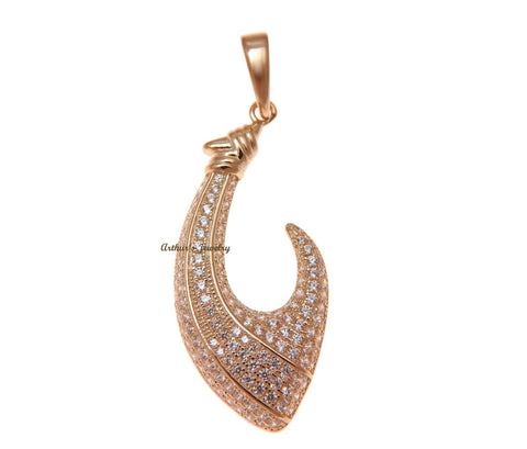 ROSE GOLD PLATED 925 STERLING SILVER HAWAIIAN FISH HOOK PENDANT CZ 16MM