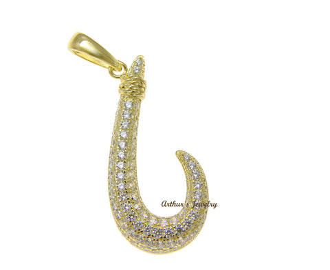YELLOW GOLD PLATED 925 STERLING SILVER HAWAIIAN FISH HOOK PENDANT CZ 15.30MM