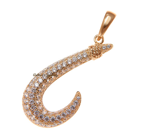 ROSE GOLD PLATED 925 STERLING SILVER HAWAIIAN FISH HOOK PENDANT CZ 15.30MM
