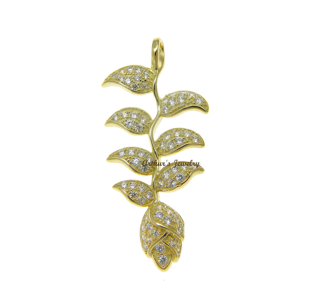 YELLOW GOLD PLATED 925 SILVER HAWAIIAN HELICONIA FLOWER PENDANT BLING CZ 15.50MM