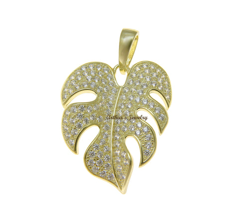 YELLOW GOLD PLATED 925 STERLING SILVER HAWAIIAN MONSTERA LEAF PENDANT CZ 21MM