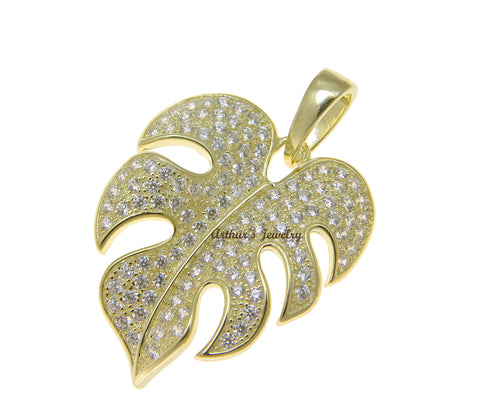 YELLOW GOLD PLATED 925 STERLING SILVER HAWAIIAN MONSTERA LEAF PENDANT CZ 21MM