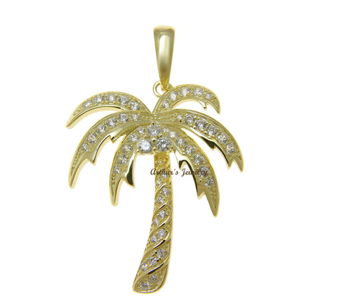 YELLOW GOLD PLATED 925 STERLING SILVER HAWAIIAN PALM TREE PENDANT CZ 25.25MM