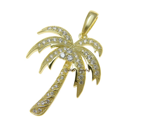 YELLOW GOLD PLATED 925 STERLING SILVER HAWAIIAN PALM TREE PENDANT CZ 25.25MM