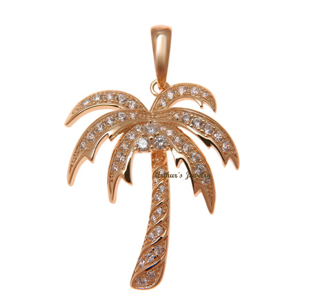 ROSE GOLD PLATED 925 STERLING SILVER HAWAIIAN PALM TREE PENDANT CZ 25.25MM