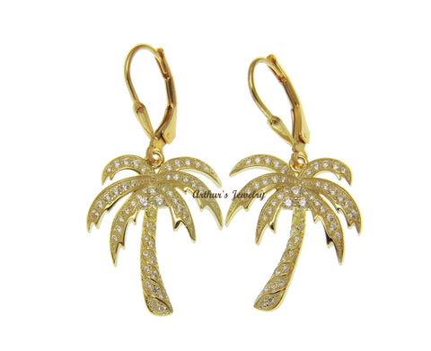YELLOW GOLD PLATED SILVER 925 BLING CZ HAWAIIAN PALM TREE LEVERBACK EARRINGS
