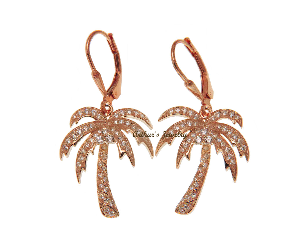 PINK ROSE GOLD PLATED SILVER 925 BLING CZ HAWAIIAN PALM TREE LEVERBACK EARRINGS