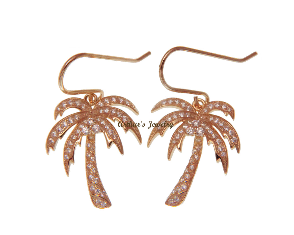 PINK ROSE GOLD PLATED STERLING SILVER 925 BLING CZ HAWAIIAN PALM TREE HOOK EARRINGS