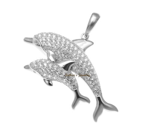 RHODIUM PLATED 925 SILVER HAWAIIAN DOLPHIN MOTHER BABY PENDANT CZ 38.35MM