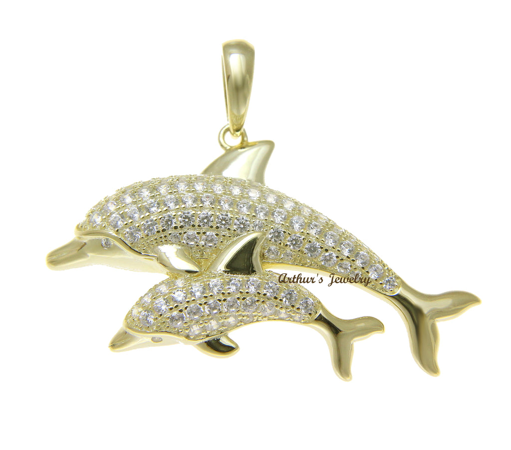 YELLOW GOLD PLATED 925 SILVER HAWAIIAN DOLPHIN MOTHER BABY PENDANT CZ 38.35MM