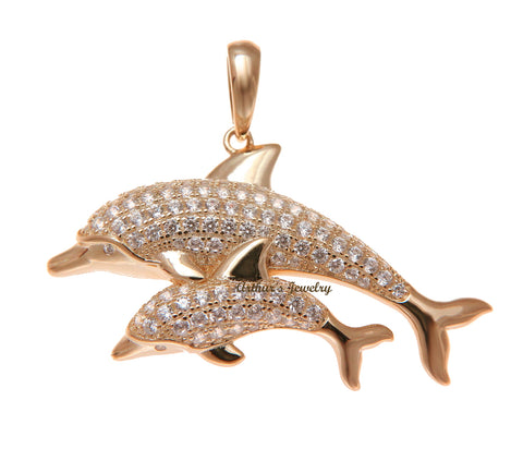 ROSE GOLD PLATED 925 SILVER HAWAIIAN DOLPHIN MOTHER BABY PENDANT CZ 38.35MM