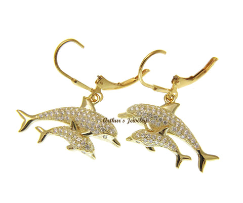 YELLOW GOLD PLATED SILVER 925 CZ HAWAIIAN DOLPHIN MOTHER BABY LEVERBACK EARRINGS