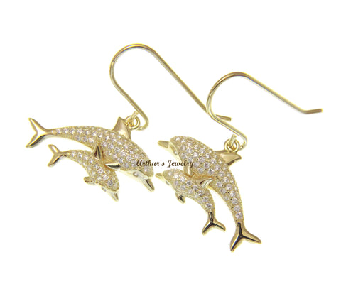 YELLOW GOLD PLATED SILVER 925 CZ HAWAIIAN DOLPHIN MOTHER BABY HOOK EARRINGS