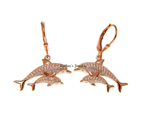PINK ROSE GOLD PLATED SILVER 925 CZ HAWAIIAN DOLPHIN MOTHER BABY LEVERBACK EARRINGS