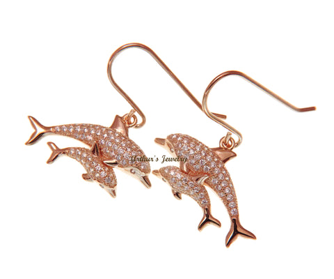 PINK ROSE GOLD PLATED SILVER 925 CZ HAWAIIAN DOLPHIN MOTHER BABY HOOK EARRINGS