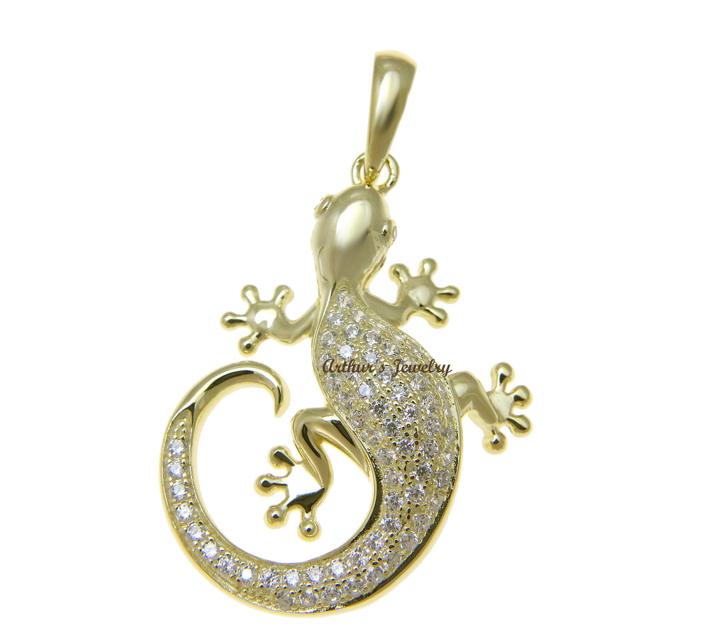 YELLOW GOLD PLATED 925 STERLING SILVER HAWAIIAN GECKO PENDANT BLING CZ 25MM