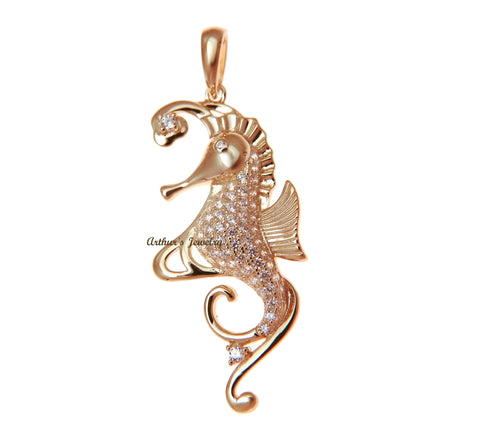 ROSE GOLD PLATED 925 STERLING SILVER HAWAIIAN SEAHORSE PENDANT BLING CZ 20MM