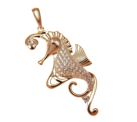 ROSE GOLD PLATED 925 STERLING SILVER HAWAIIAN SEAHORSE PENDANT BLING CZ 20MM