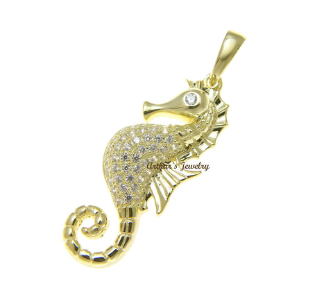 YELLOW GOLD PLATED 925 STERLING SILVER HAWAIIAN SEAHORSE PENDANT BLING CZ 12.6MM