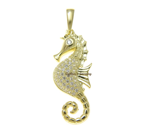YELLOW GOLD PLATED 925 STERLING SILVER HAWAIIAN SEAHORSE PENDANT BLING CZ 12.6MM