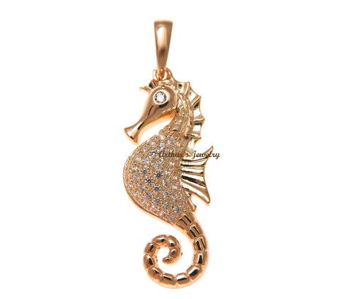 ROSE GOLD PLATED 925 STERLING SILVER HAWAIIAN SEAHORSE PENDANT BLING CZ 12.60MM