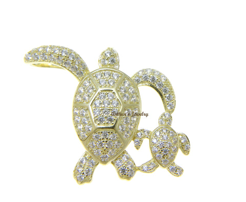 YELLOW GOLD PLATED 925 SILVER HAWAIIAN SEA TURTLE MOTHER BABY SLIDE PENDANT CZ