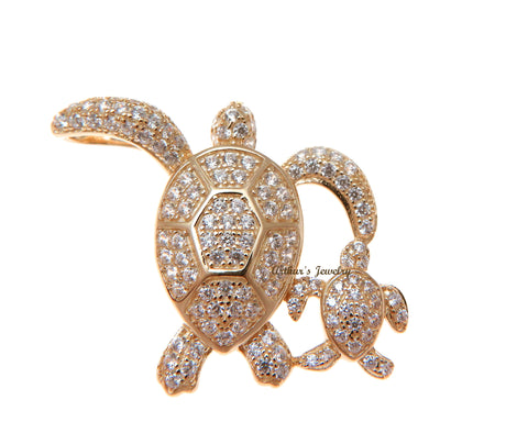 ROSE GOLD PLATED 925 SILVER HAWAIIAN SEA TURTLE MOTHER BABY SLIDE PENDANT CZ