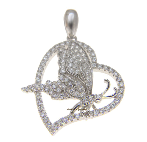 SOLID 925 STERLING SILVER HAWAIIAN BUTTERFLY HEART PENDANT MICRO PAVE CZ RHODIUM